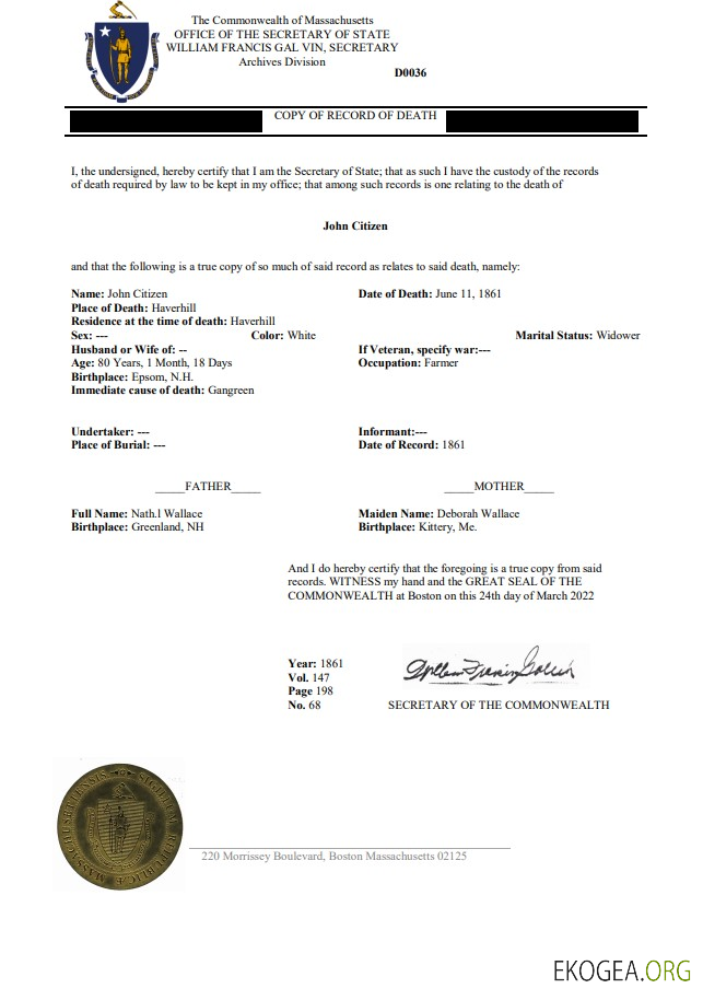 Certificat de décès du Massachusetts aux États Unis